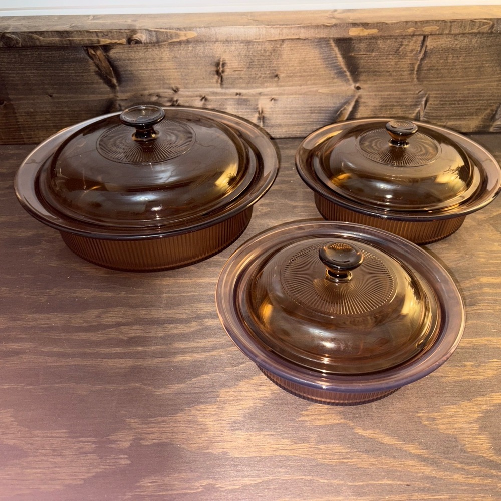 Vintage Corning Vision Amber Glass Round Casserole Dishes Set of 3 w/ Lids